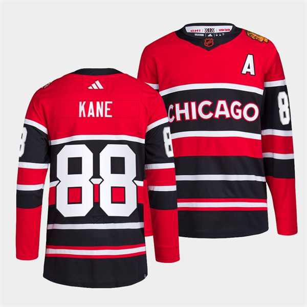 Mens Chicago Blackhawks #88 Patrick Kane Red Black 2022 Reverse Retro Stitched Jersey Dzhi